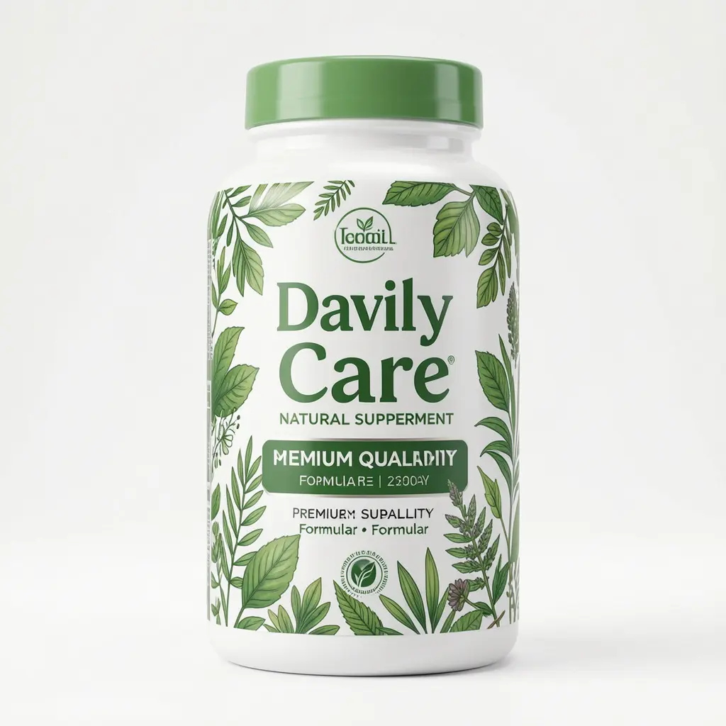 Daily Care natural supplement bottle with green botanical design showcasing the premium quality formula